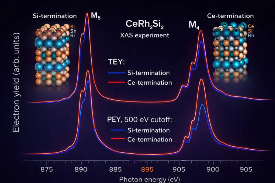 Поверхностные эффекты в рентгеновской абсорбционной спектроскопии лантанидов: переориентация 4f-моментов в CeRh₂Si₂